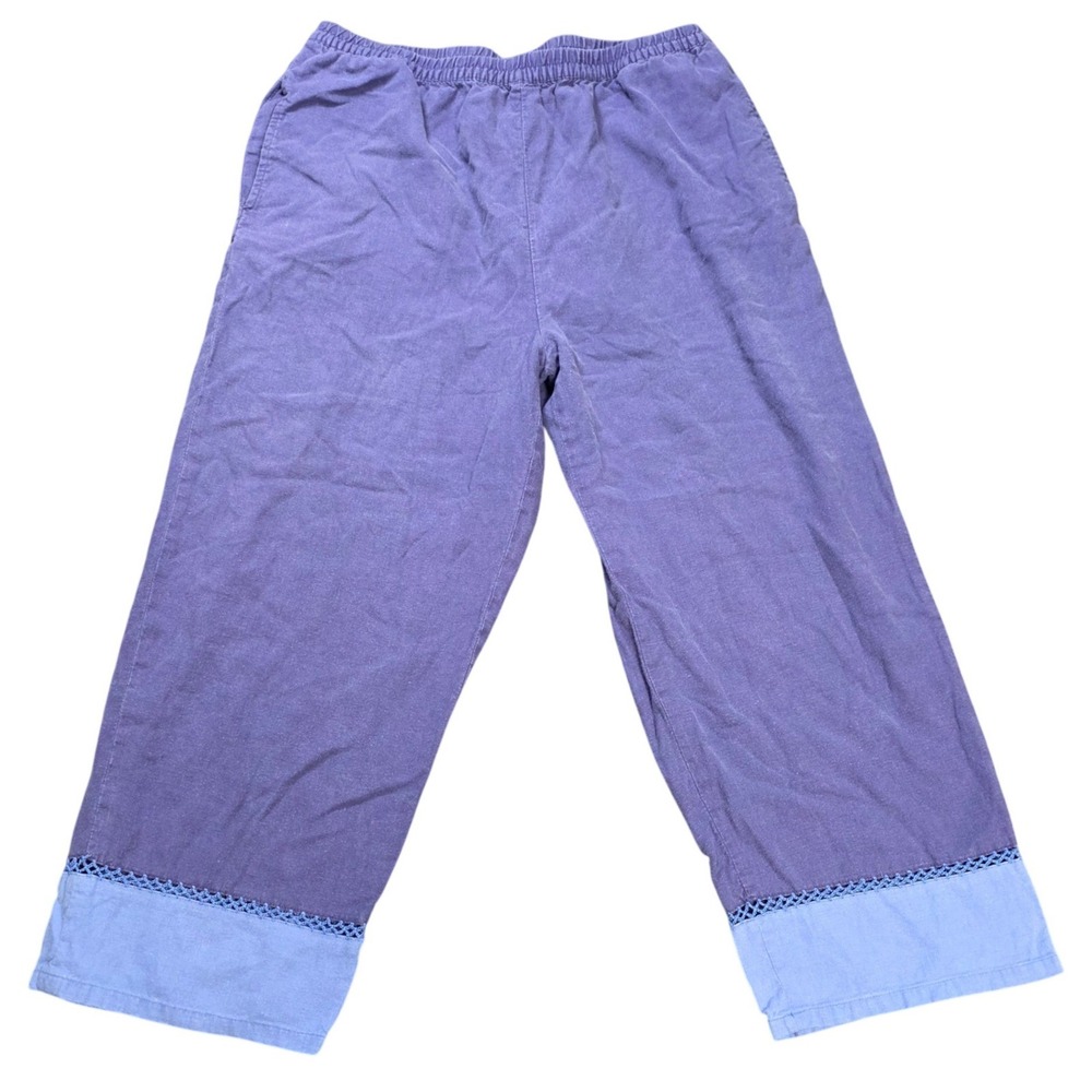 Sport‎ Savvy Linen Blen Crop Pants Women's Size L Purple Crochet Trim Wide Leg